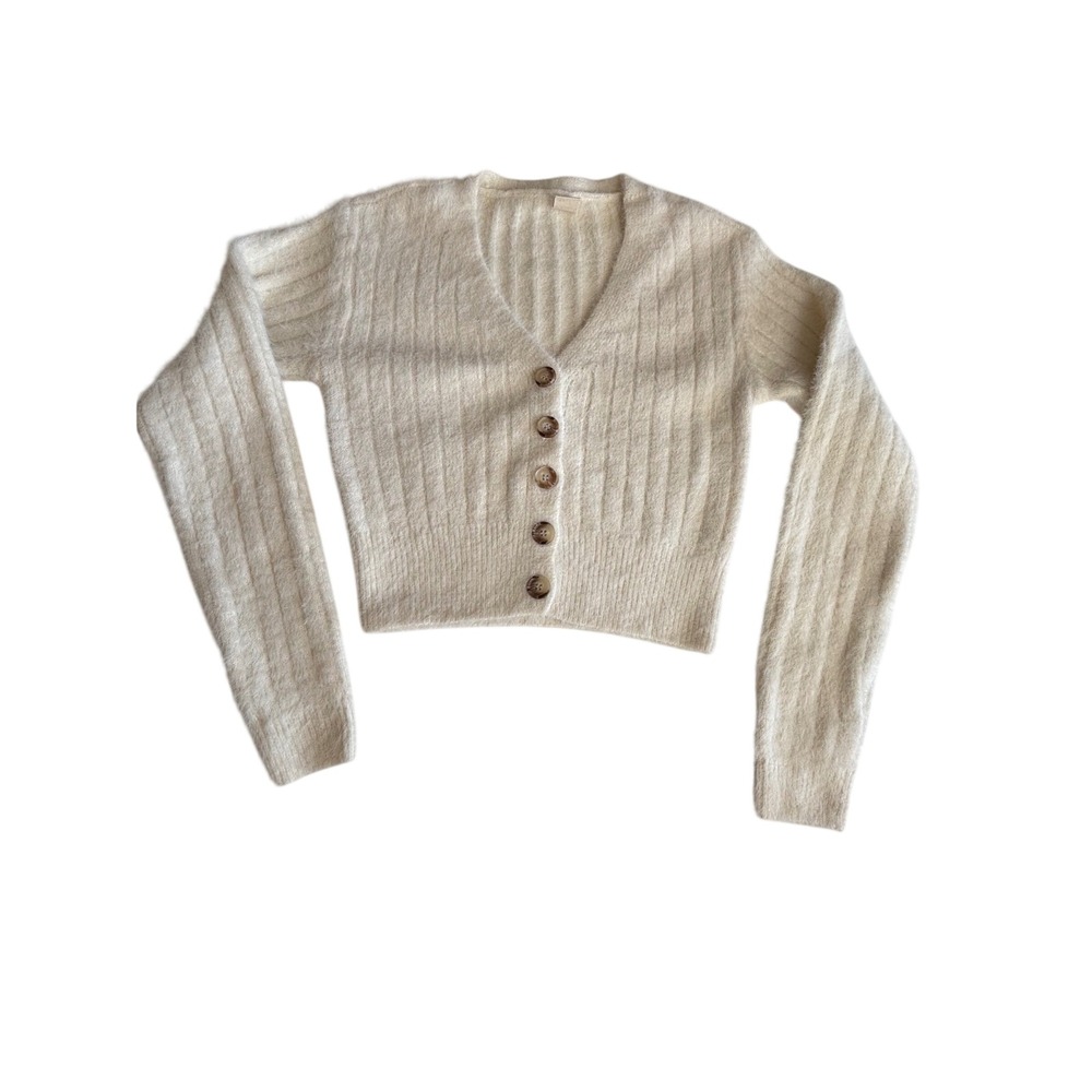 Urban Outfitters Womens Cream Fuzzy Ribbed Cropped Cardigan Sweater Small V-Neck - Picture 2 of 8
